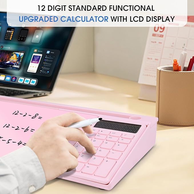 Varhomax Glass Desk Whiteboard Pink with Calculator, Desktop Dry Erase White Board with Storage, to Do List Memo Notepad for Home and Office