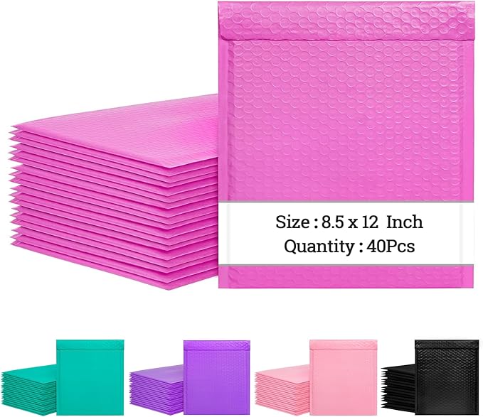 8.5x12 Inch Bubble Mailers 40 Pack, Self Seal Padded Envelopes for Small Business, Waterproof Shipping Bags, Hot Pink