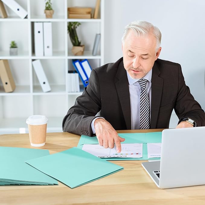 Harloon 75 Pack Two Pocket Portfolio Folders Bulk, 8.5 x 11 Inches Textured Paper with Business Card Slot Letter Size File Folders for Office School Classroom (Light Blue)