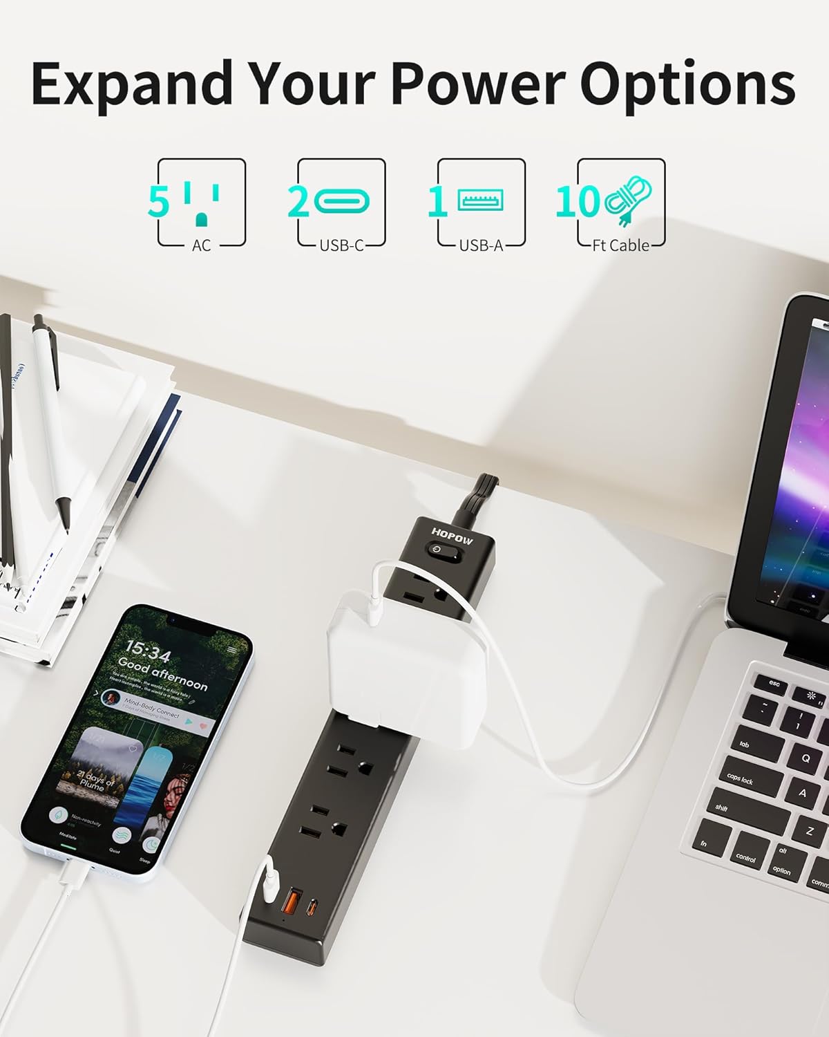 Power Strip Surge Protector, 2 Pack, 10 Ft Ultra Thin Flat Extension Cord, Surge Protector with 5 Outlets & 3 USB Ports (2 USB C), 1700 Joules, 3-Prong, Wall Mount for Home Office Dorm, Black