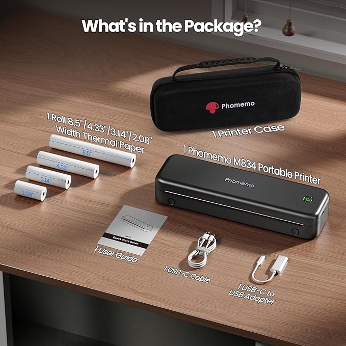 Phomemo Portable Printers Wireless for Travel [Upgraded],M834 Bluetooth Thermal Printer 8.5" x 11"& A4 Size,Inkless Mobile Printer with Carry Case for Travel,Office,School,Car,Home