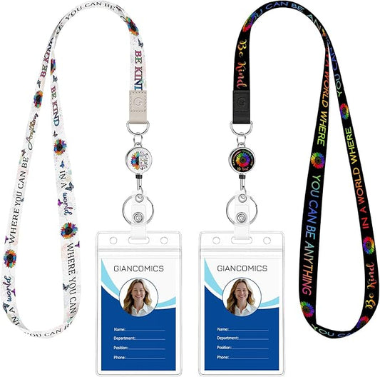 Giancomics Be Kind Lanyards for Id Badges, Cute Floral ID Badge Holder with Retractable Reel, Waterproof Lanyards for Cruise Ships Cards Key Work Name Tag Zip Card Holder Protector 2 Pack
