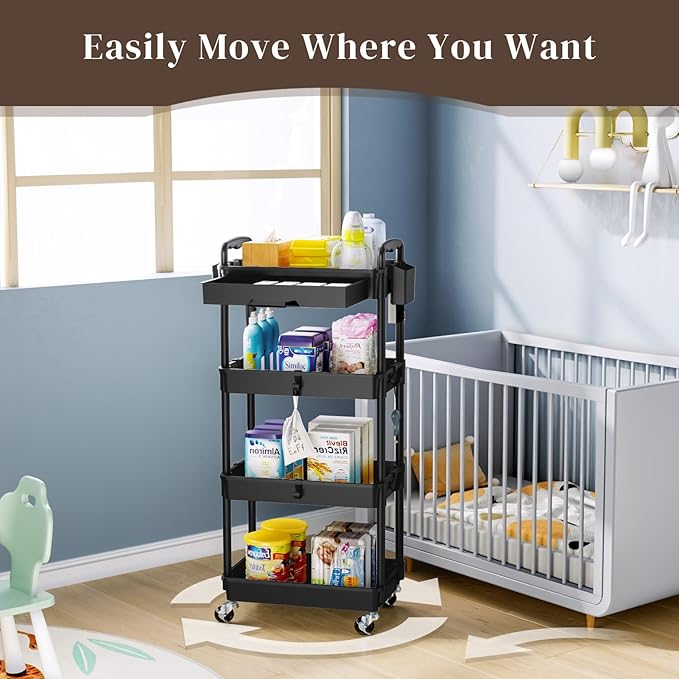 4 Tier Rolling Utility Cart with Drawer, Utility Storage Organizer with Plastic Shelf & Lockable Wheels Multifunctional Storage Cart for Kitchen, Bathroom, Office, Living Room, Black