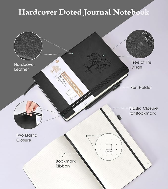 Dotted Journal Notebook, 360 Numbered Pages Bullet Dot Grid Journals, 100gsm Dot Paper Thick Hardcover Leather Journal for Writing Women Men, B5 Dotted Grid Notebooks for Work 7.6'' X 10'' Black