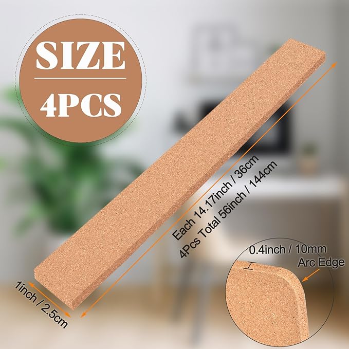 4 Pack Small Bulletin Strip Cork Strip Cork Board Tiles Bulletin Bar Strips for Walls, Adhesive Pin Board for Classroom Memo Office Home Kitchen School Desk, 14"x1"-10mm Thick