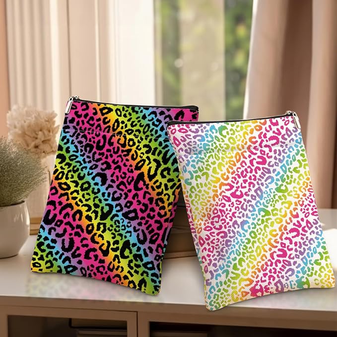 2 Pack Rainbow Leopard Print Book Sleeve, Books Protector，Books Pouch， Book Lovers Gifts，Bookish Gifts Waterproof Cover with Zipper，Leopard Decor Gift Bag for Women Girls Manager Christmas
