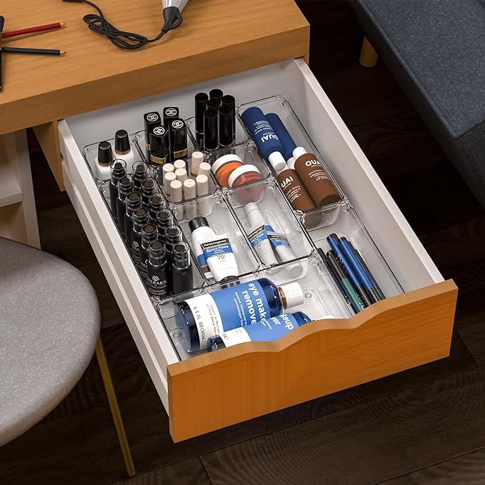Utility Drawer Organizer Set of 13,With Non-Slip Silicone Pads, 5 Size Small Bins for Organization for Bathroom、Vanity、Nightstan、Kitchen、Office Desk Clear Plastic Organizing Containers for Drawers