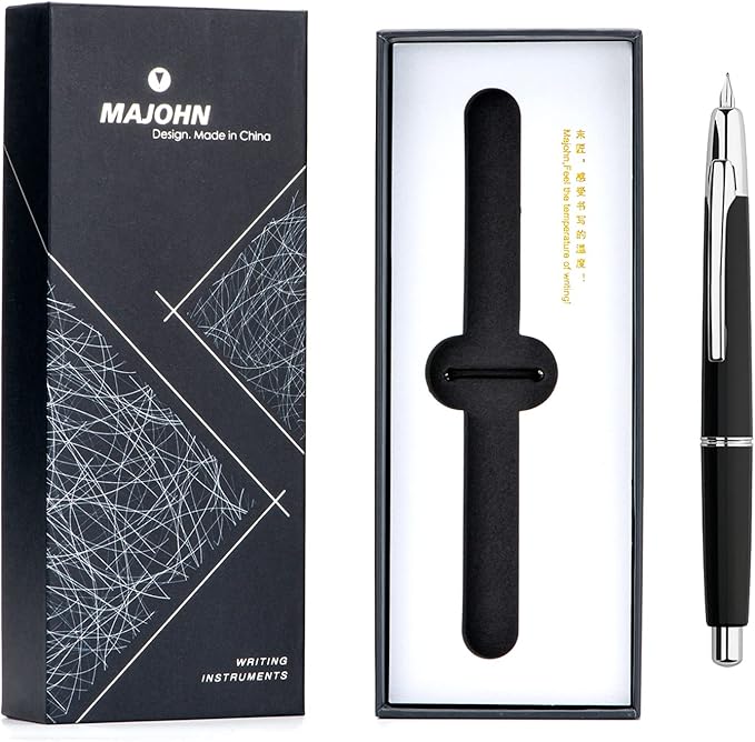 Majohn A2 Press Fountain Pen Extra Fine Nib with Box, Retractable Black Resin Ink Pen with Converter Writing Pen Set (Silver Clip Version）