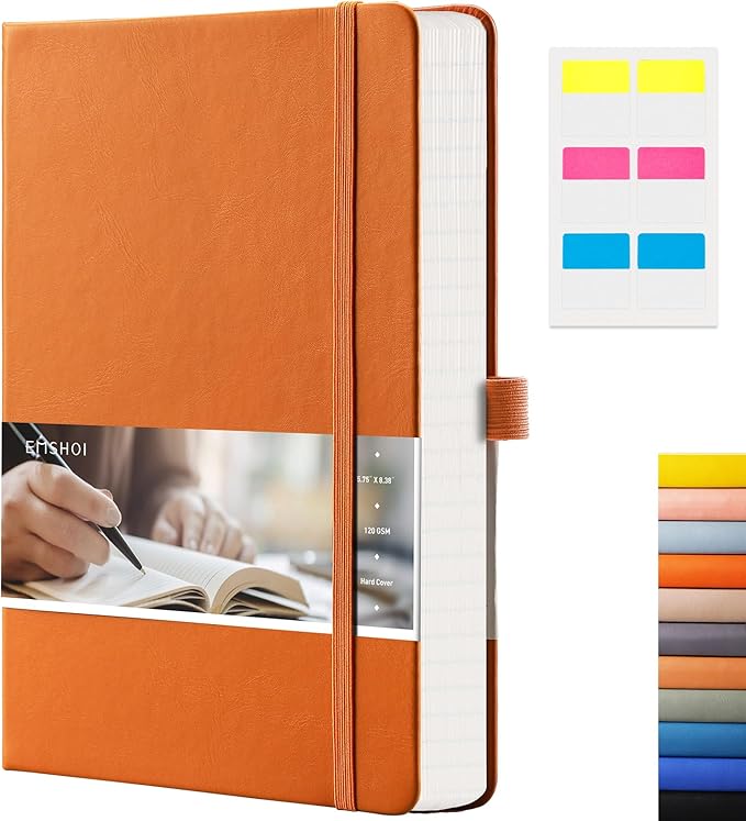 EMSHOI Lined Journal Notebook - 120gsm Thick Leather Journal with Sticky Notes, 256 Numbered Pages A5 Hardcover College Ruled Notebook for Women Men Work School Writing, Medium 5.75" x 8.38"-Orange
