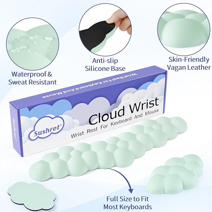 Cloud Wrist Rest Keyboard, Cloud Keyboard Wrist Pad Set with PU Leather Memory Foam, Cute Arm Rest for Palm Support, PC/Gaming Desk Accessories/Office Setup/Computer Hand Cushion-Light Green