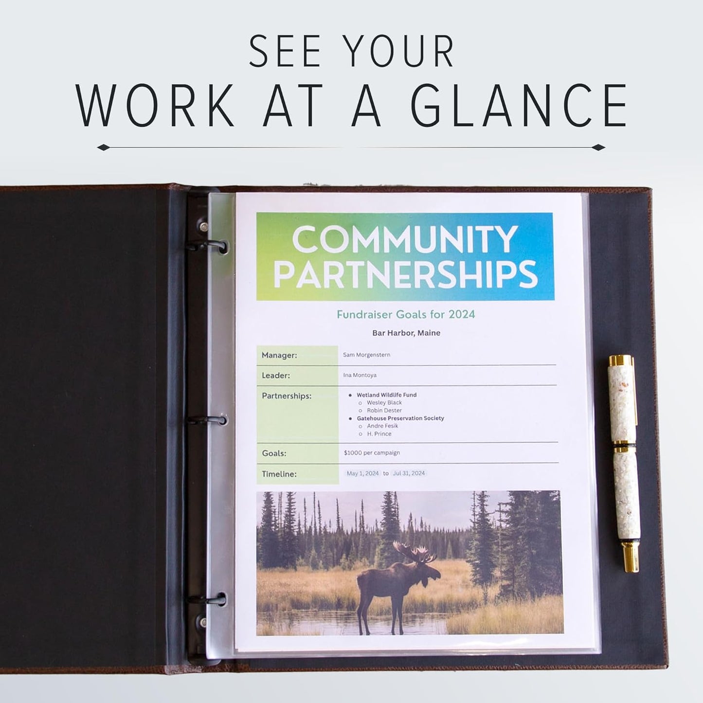 Gallery Leather 3 Ring Binder with Plastic Sleeves, Includes 10 Sheets, Sheet Size: 8.5" x 11" - Presentation Binder Rings with Hubbed Spine, Thick: 1.25" Freeport Mocha