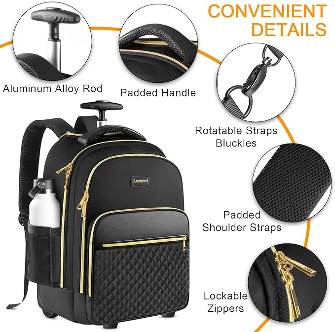 Rolling Backpack Carry On Luggage For Adults With Wheels, 40L Wheeled Backpack For Women, Travel Roller Backpack, Rolling Bag, Black Gold