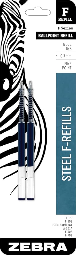 Zebra Pen F-Series Ballpoint Stainless Steel Pen Refill, Fine Point, 0.7mm, Blue Ink, 2-Count