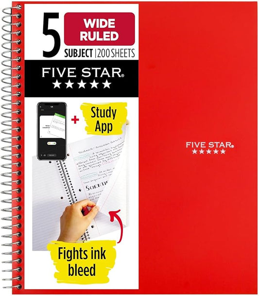 Five Star Spiral Notebook + Study App, 5 Subject, Wide Ruled Paper, Fights Ink Bleed, Water Resistant Cover, 8" x 10-1/2", 200 Sheets, Fire Red (72041)