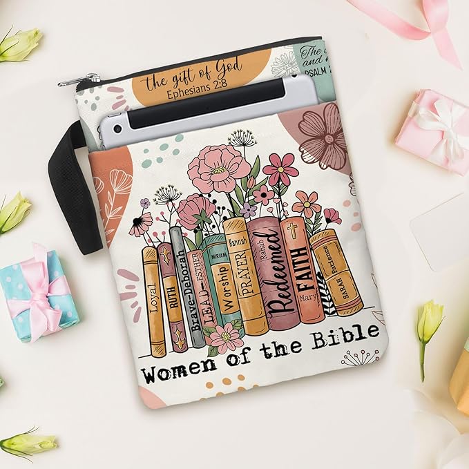 Book Sleeve. Christian Faith God Religious Gift. Bible Book Cover with Zipper and Front Pocket. Washable 11 X 8.5 Inch Padded Book Bag. Gift for Book Lovers. Women of The Bible
