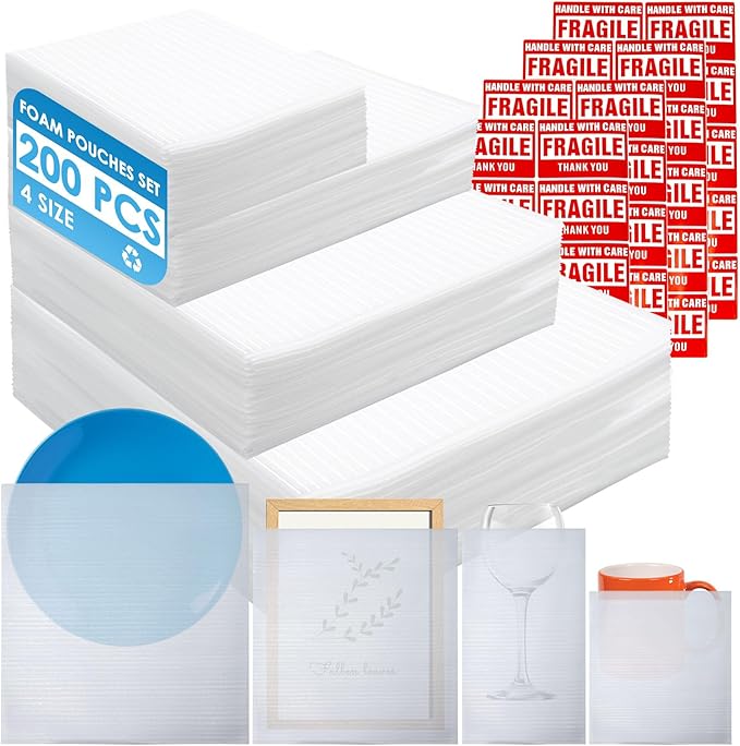 200Pack Cushion Foam Pouches wrap pouches dish packing kit(7.5"x7.5",7.5"x12",12"x12",14"x14") Packing Moving Supplies for Moving Fragile Items for Packing Storage and Shipping with50Fragile Stickers