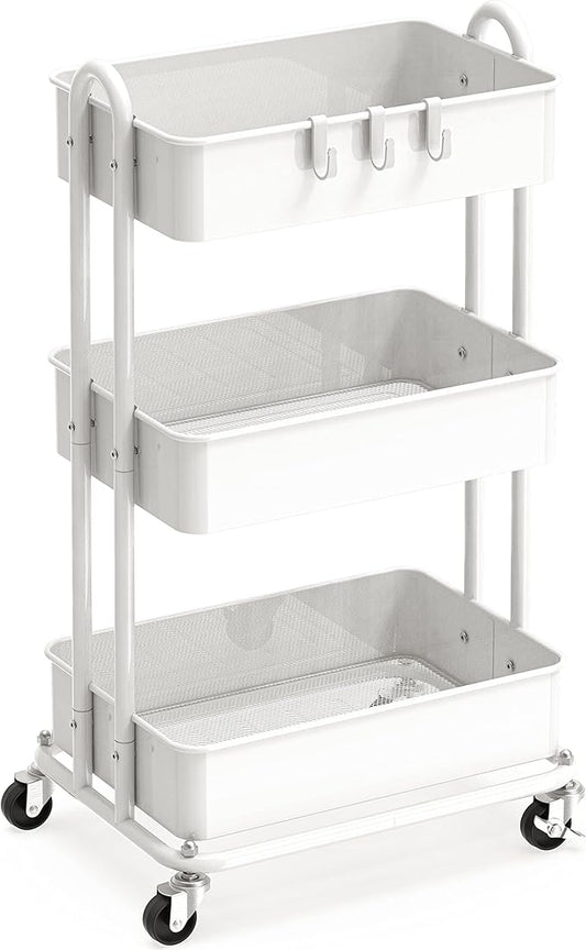 Simple Houseware Heavy Duty 3-Tier Metal Utility Rolling Cart, White