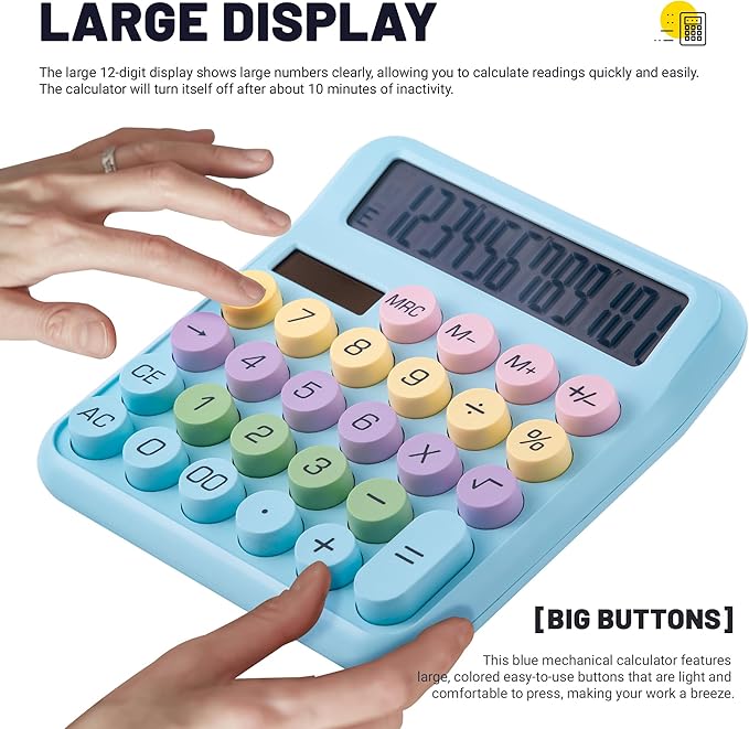 Golcellia Calculators Desktop, Blue Mechanical Calculator, Cute Calculator 12 Digit Desk Basic Calculator Large Display, Dual Power Solar Battery, Office Home School Supplies for Adults & Students