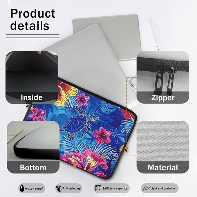 Sea Turtle Printed Laptop Briefcase for Women Men, Hibiscus Flower Printed 10 Inch Laptop Bag Messenger Bag Lightweight Laptop Case for Office Business Traveling Daily Use