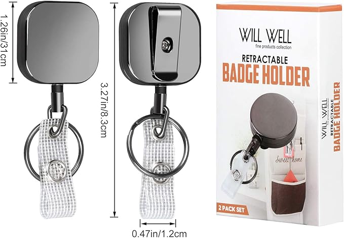 Will Well ID Badge Holder Reel with Clip and Keyring - Heavy-Duty All-Metal Casing with 23.6" UHMWPE Fiber Pull Cord for Easy Access, Holds up to 8 Keys - 2-Pack, Small Square, Glossy Black