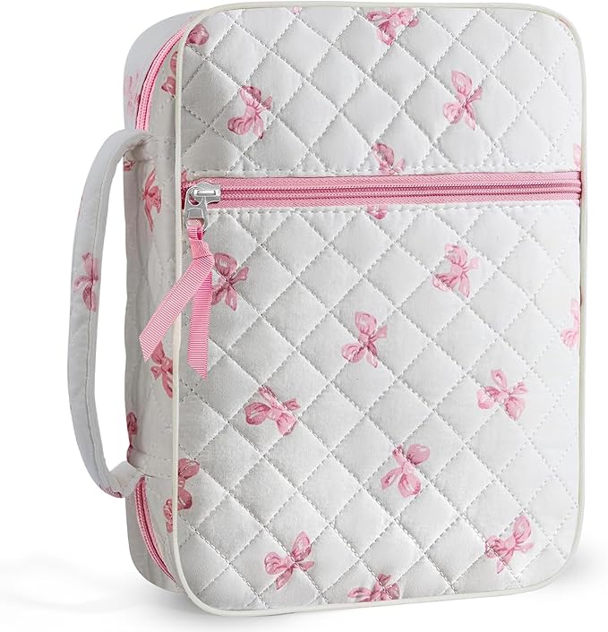 shirabags Quilted Bible Cover Case for Women - Elegant Cotton Bible Bag for Study, Church, Christian Gifts for Women (Cute Pink Bow, M)