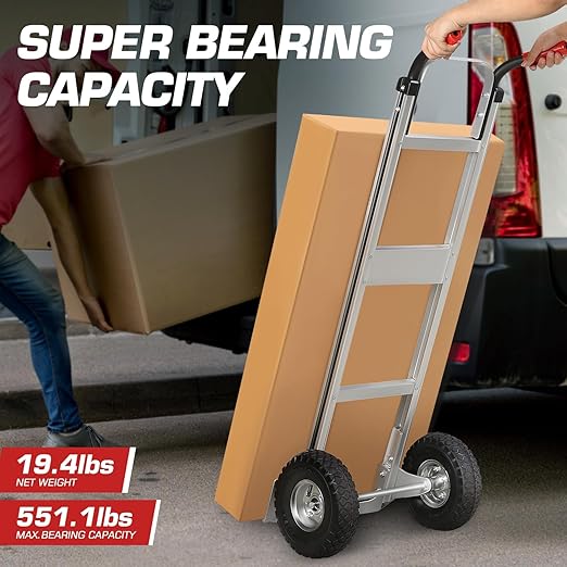 DNA MOTORING Aluminum Hand Truck, 550lbs Capacity Heavy Duty Dolly Cart for Home, Workshop, Office, Warehouse, w/Pneumatic Tire, TOOLS-00749
