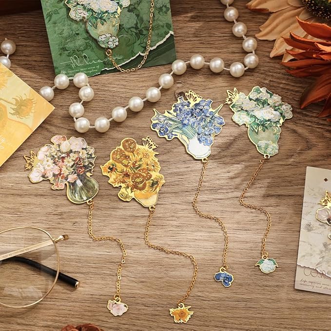 4 Pieces Metal Bookmarks with Tassel, Golden Hollow Bookmark Monet Van Gogh Oil Painting Theme Book Mark Bookmarks for Book Lovers Writers Readers Children Teens for Women