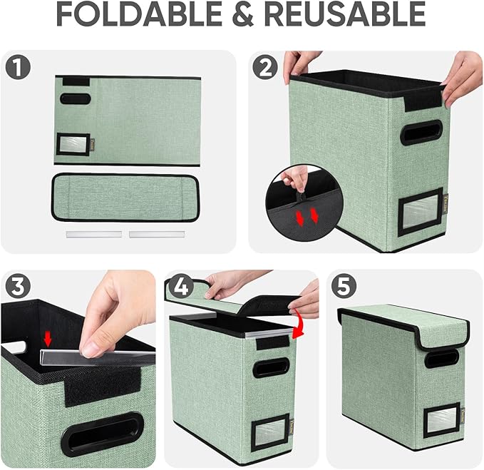 BALEINE File Organizer Box with Lid, Collapsible File Folder Organizer with Plastic Slide, Hanging File Folder Box for Office Document Storage (1 Pack, Green, S)