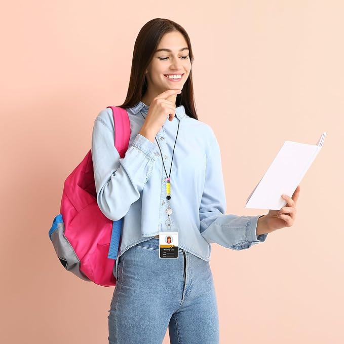 Colorful ID Badge Holder with Silicone Beads Lanyard Set,Cute Teacher Breakaway Lanyard for Keys & Keychain with Cute Retractable Badge Reel Holder,Gift for Women,Nurse, Teacher. (4 Yellow)