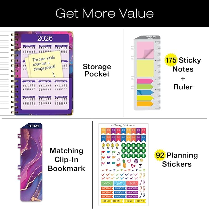 HARDCOVER 2025 Planner, 5.5"x8": 14 Months (November 2024 - December 2025), Daily Weekly Monthly Planner, Yearly Agenda, Bookmark, Pocket Folder and Sticky Note Set (Pink Purple Marble)