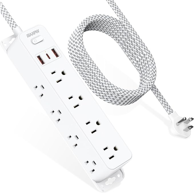Surge Protector Power Strip with 12 Outlets and 3 USB Ports (1 USB C), 5 Ft Braided Flat Plug Extension Cord, Wall Mount Outlet Extender, 1700 Joules, Desk Charging Station for Home Office Dorm, White