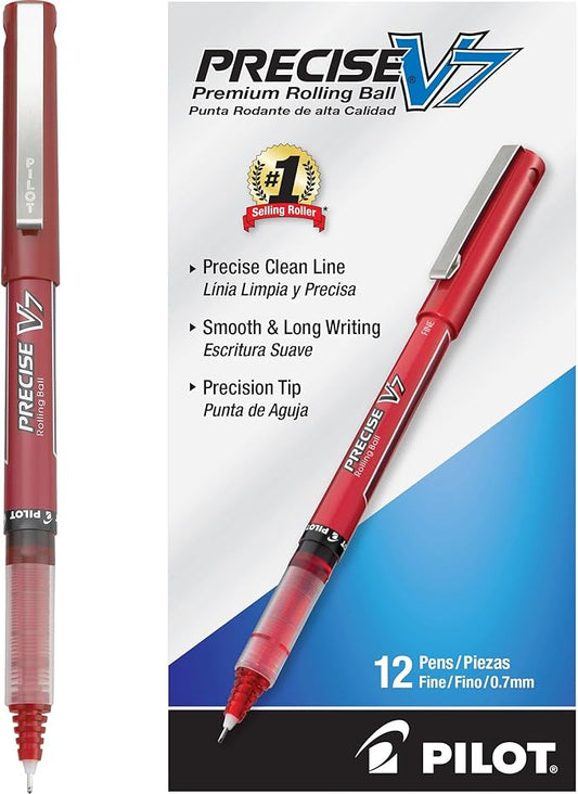 Pilot, Precise V7, Capped Liquid Ink Rolling Ball Pens, Fine Point 0.7 mm, Red, Pack of 12