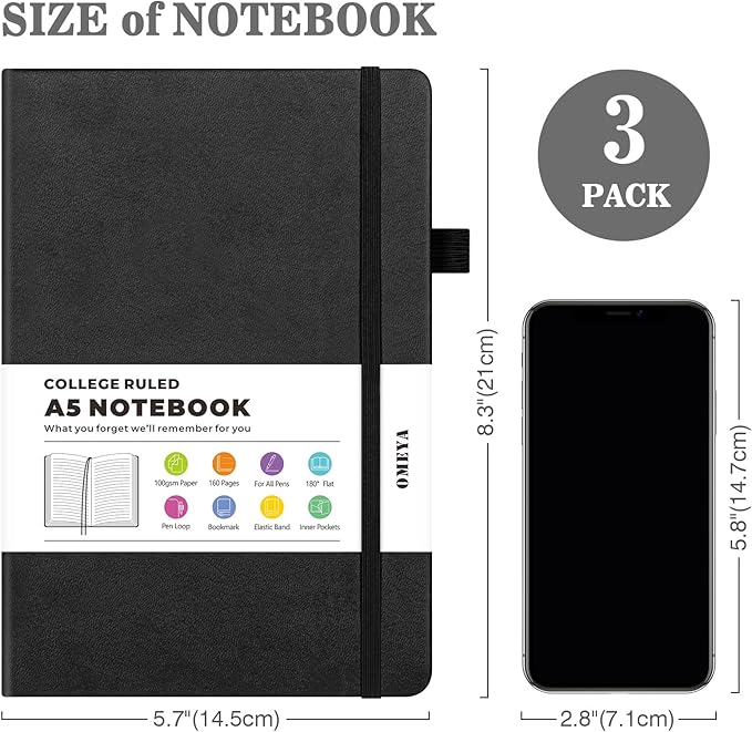 Lined Journal Notebook, 3 Pack A5 College Ruled Notebooks for Work, Hardcover Notebook Each with 2 Pockets & Pen, Leather Journal for Women, Men, 160 Pages, 100GSM Thick Paper (Black, Brown, Grey)