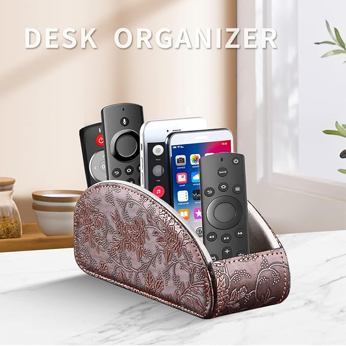 TV Remote Control Holder with 5 Compartments,Pu Leather Remote Caddy/Box/Tray Nightstand Desktop Storage Organizer Store DVD,Blu-Ray,Media Player,Heater Controllers, Makeup Office Supplies