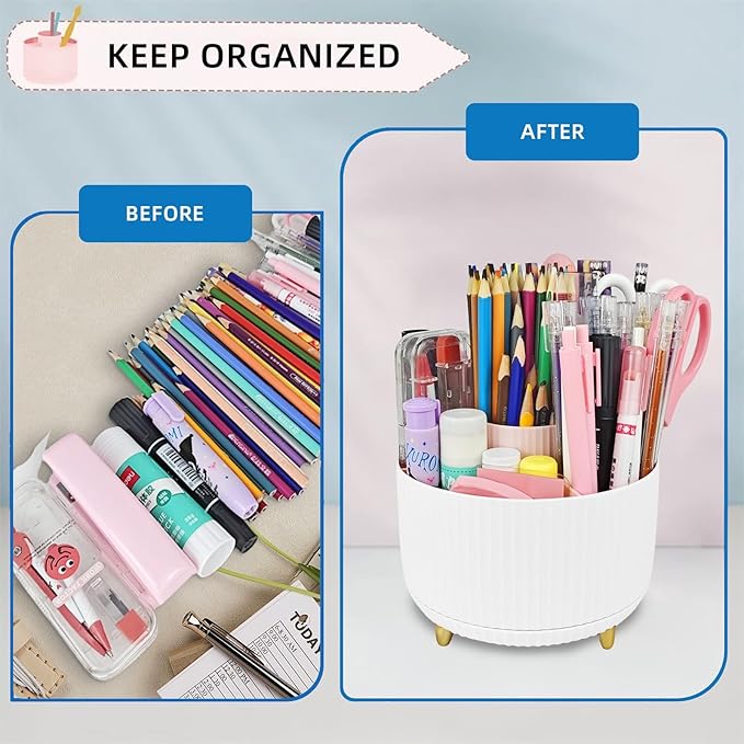 Rotating Desk Organizers and Accessories, 15pcs White Office Supplies Pen Holder for Desk Organizers and Accessories with White Stapler and Tape Dispenser Set, Cute Desk Accessories for Men Women Gift