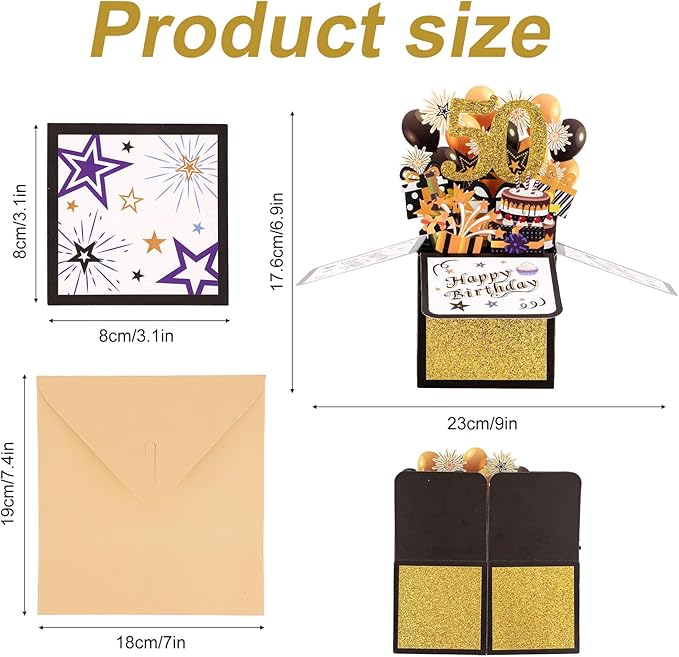 Happy 50th Birthday Pop-Up Card, Colorful Birthday Gift Card Happy Birthday 3D Cards with Envelopes Cool Birthday Pop up Box for Men Women