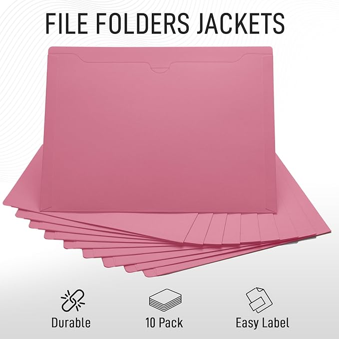 Pink File Jackets, Flat-No Expansion, Letter Size, Reinforced Straight-Cut Tab, 10 Pack