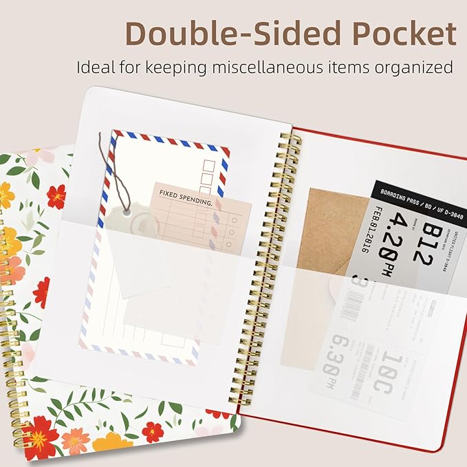 Cute Spiral Notebook journal B5 Aesthetic Pretty Design for Women Girls Kawaii with Pocket, 10 x 7.2 inch, Lined, Red Floral