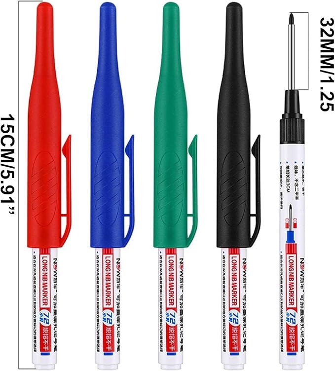 4 Pcs Multi Purpose Deep Hole Marker Pens,Long Nib Head Marker Waterproof Colorful Carpenter Pen for Bathroom Woodworking Decoration,Red Black Blue Green Ink Permanent Markers Marker Pens (Black)