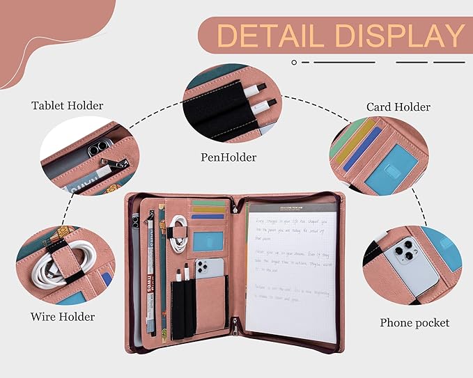 Business Vegan Leather Folder with Clipboards, Portfolio Binder Organizer, Business Portfolio for Men/Women, Zipper Portfolio Notebook, Binder with clipboard, Personalized Gift for Friends, Pink