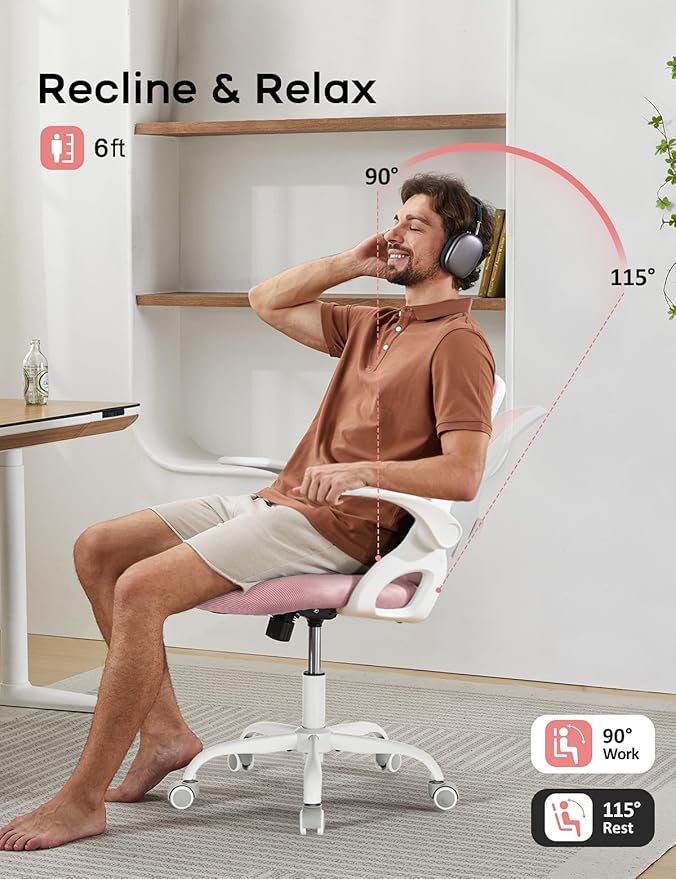 Mesh Office Chair Ergonomic Desk Chair with Up&Down Front&Rear 2 Dimensions Adjustable Lumbar Support and Flip-up Arm Rocking Comfy Swivel Computer Task Chair for Home Office(White-Pink)