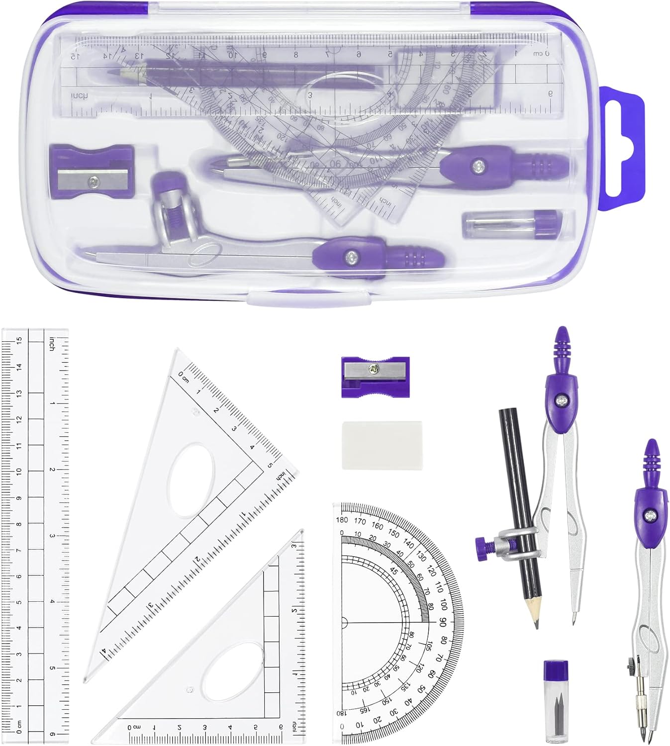Math Geometry Kit Sets 10 Piece Student Supplies with Shatterproof Storage Box,Includes Rulers,Protractor,Compass,Eraser,Pencil Sharpener,Lead Refills,Pencil,for Drafting and Drawings（Purple）