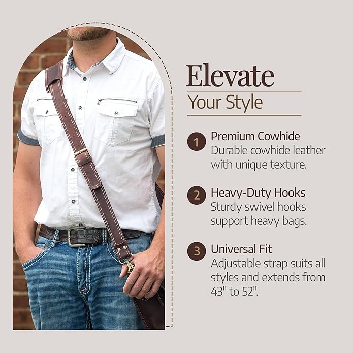 NJ Leatherworks Leather Bag Strap, Adjustable Replacement Shoulder Strap for Messenger, Duffel, Laptop, Camera Bags or Purses