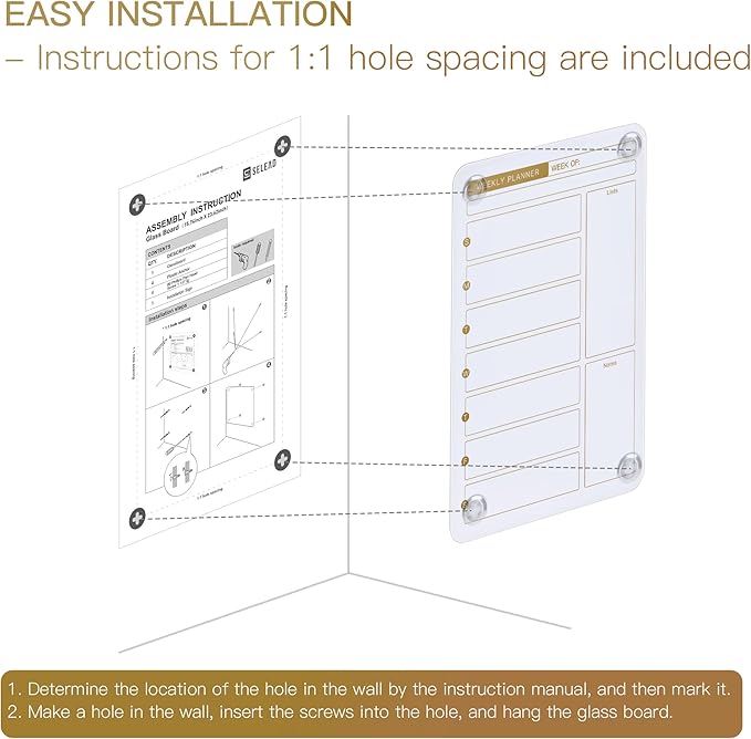 SELEAD Magnetic Glass Whiteboard Weekly Planner - 16”x24” Dry Erase Calendar White Board for Wall, Menu TODO Grocery List Board for Home Kitchen Restaurant - White&Gold