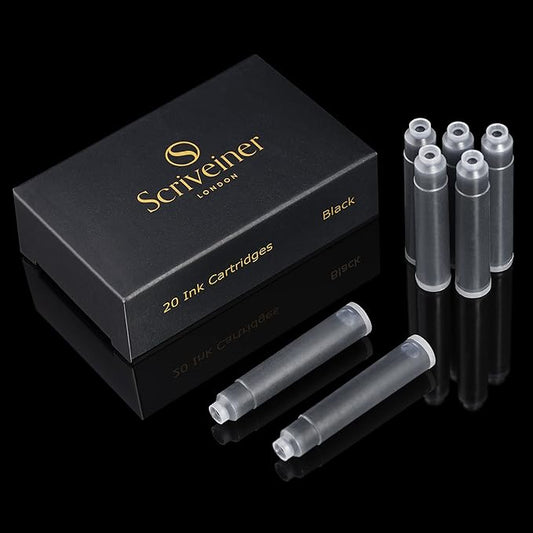 Scriveiner Fountain Pen Ink Cartridges - Black - 20 Standard International, Made in UK, The Best Cartridge for Your Scriveiner Pen, Refill Size Fits A Wide Range of Fountain Pens