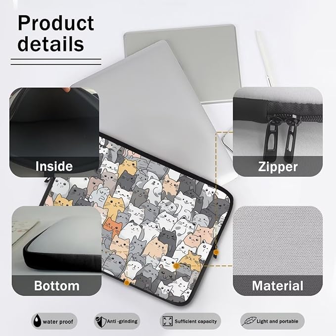 Cartoon Cat Print Laptop Briefcases for Men Women, Cute Laptop Sleeve Case Water Resistant Neoprene Computer Carrying Cover 15 Inch Laptop Carrying Bag