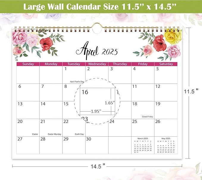 2025 Calendar - 2025 Wall Calendar, January 2025 - June 2026, 14.5" x 11.5", 18 Monthly Wall Calendar 2025-2026, Twin-Wire Binding + Hanging Hook + Thick Paper, Floral