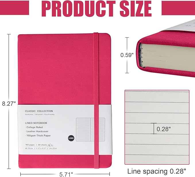 Lined Journal Notebook, 6Pack(Rose Red), 160 Pages, Medium 5.7 inches x 8 inches - 100 gsm Thick Paper, Hardcover