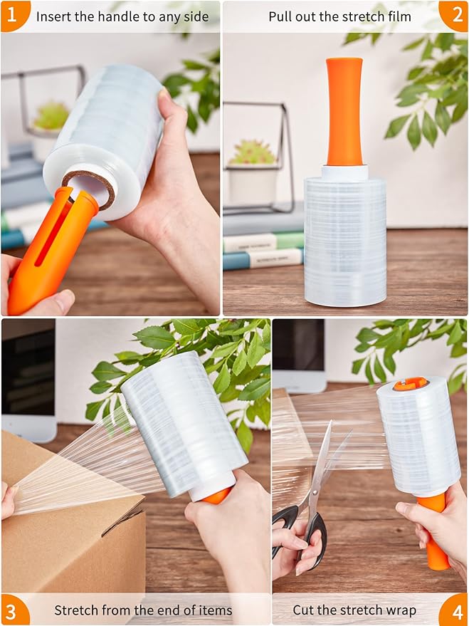 JARLINK 4 Pack Plastic Film Roll with Plastic Handles, 60 Gauge Thick, 5" x 1000ft Plastic Pallet Film, Industrial Strength Stretch up to 500% Stretch for Moving, Packing, Wrapping, and Shipping