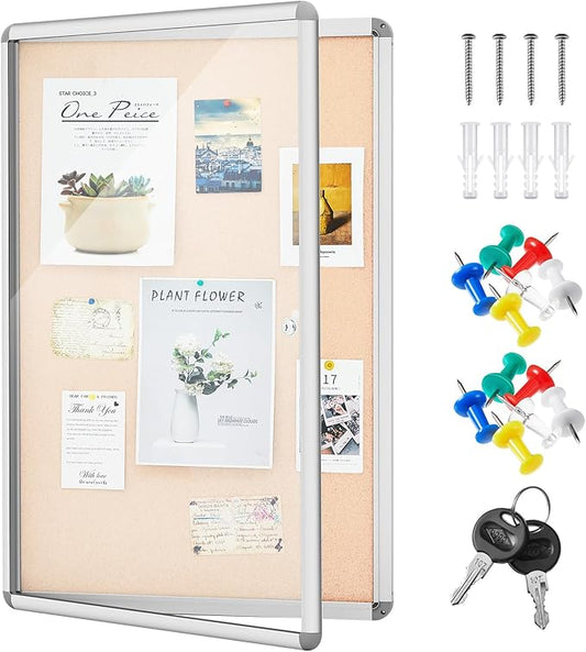 Geetery Enclosed Fabric Bulletin Board Tamperproof Lockable Noticeboard Fabric&Aluminium Frame Display Cases Wall-Mounted Display Case for School, Office - Secure,Durable Design(26 x 20 Inch,Beige)